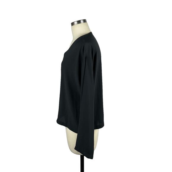 HEYGIRL STUDIO Black Satin V-Neck Button Down Blouse Long Sleeve Classy Chic - Picture 2 of 5